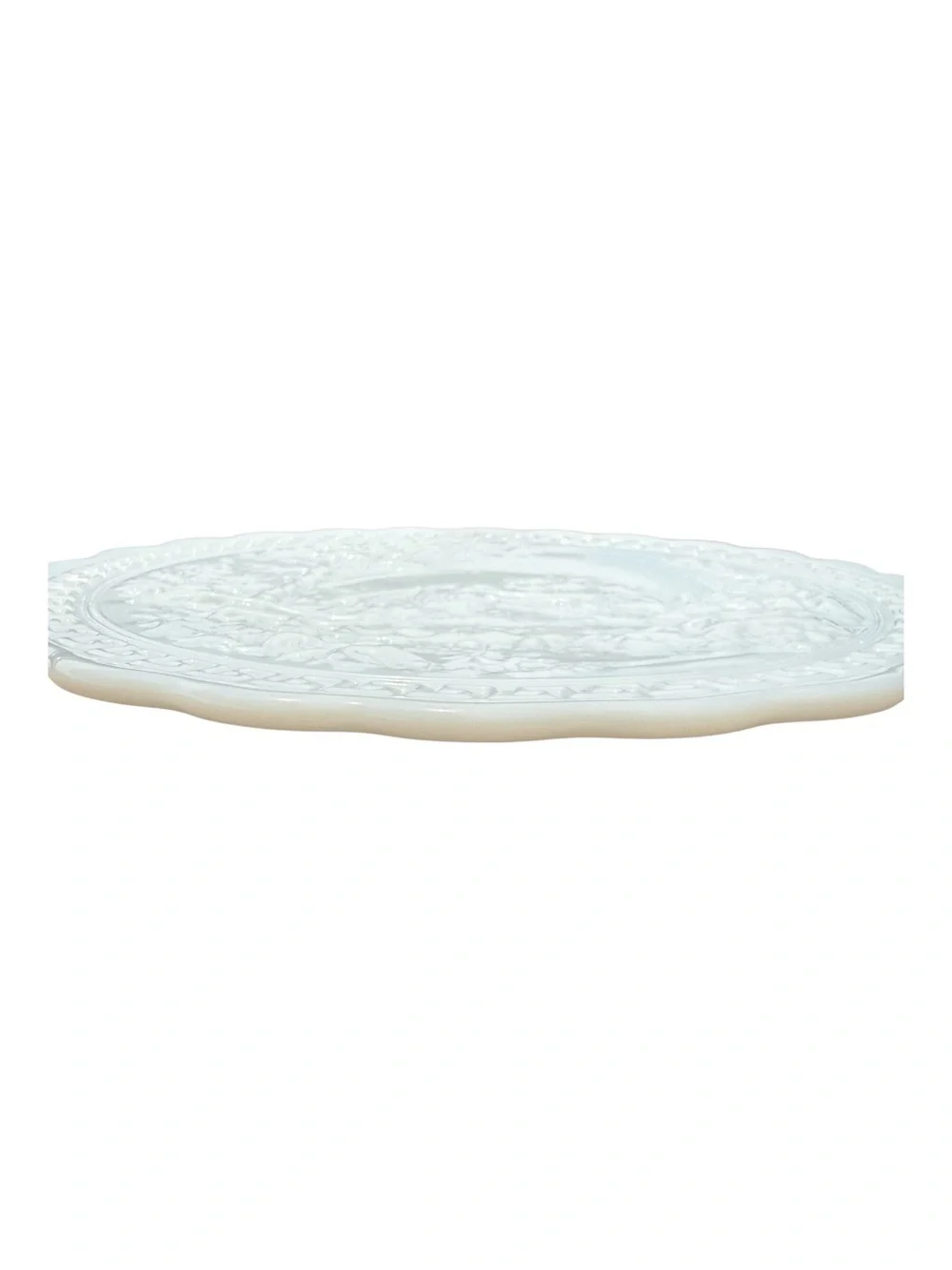 Vintage Milk Glass Scenic Cottage Relief Serving Platter Greek Key Oval Plate